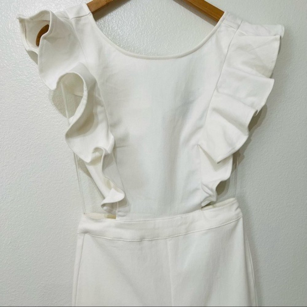 New White Denim Cut Out Jumpsuit Flare Leg Ruffle Sleeve - Picture 4 of 8